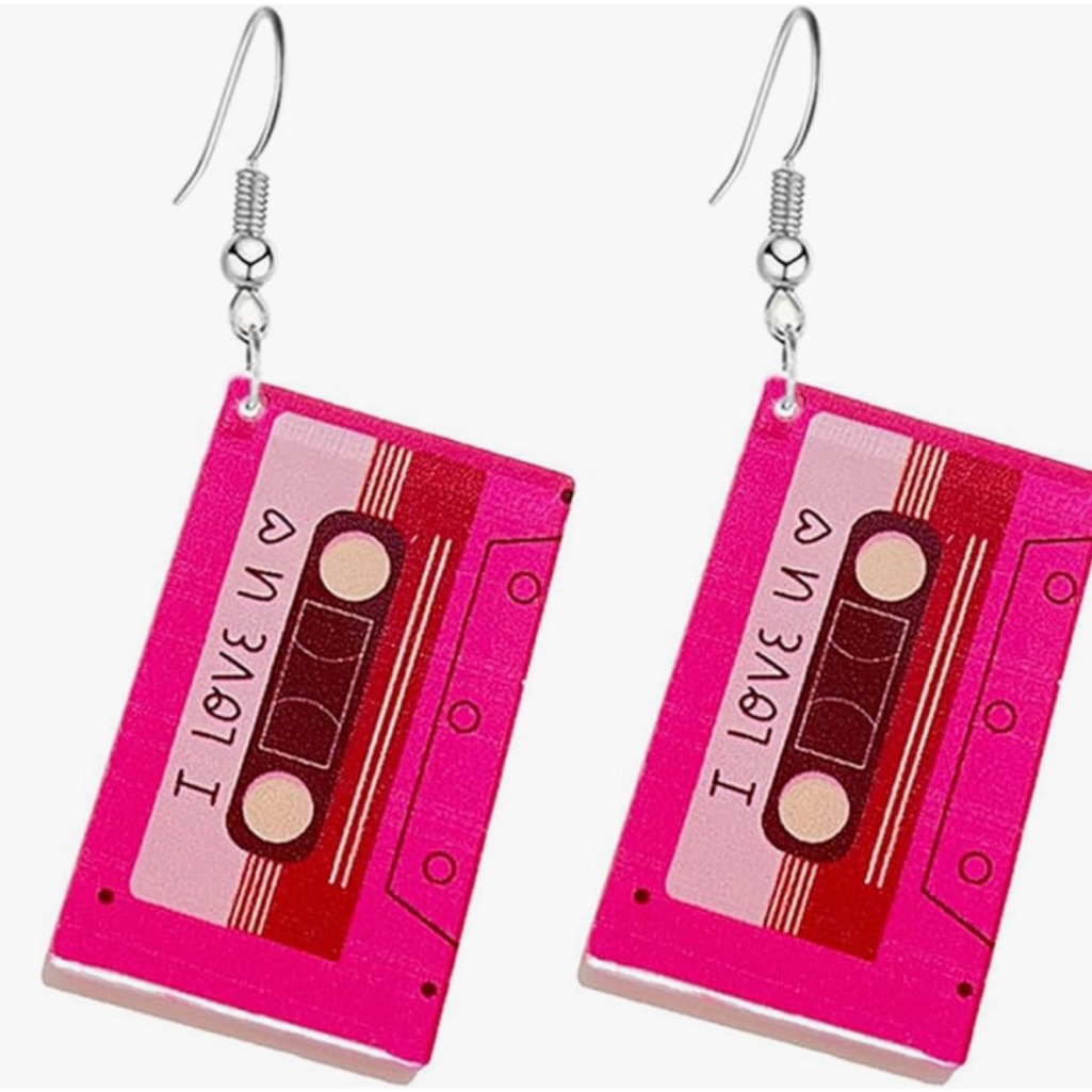 Retro Valentine’s Day Earrings I Love You Tape Cassettes Design